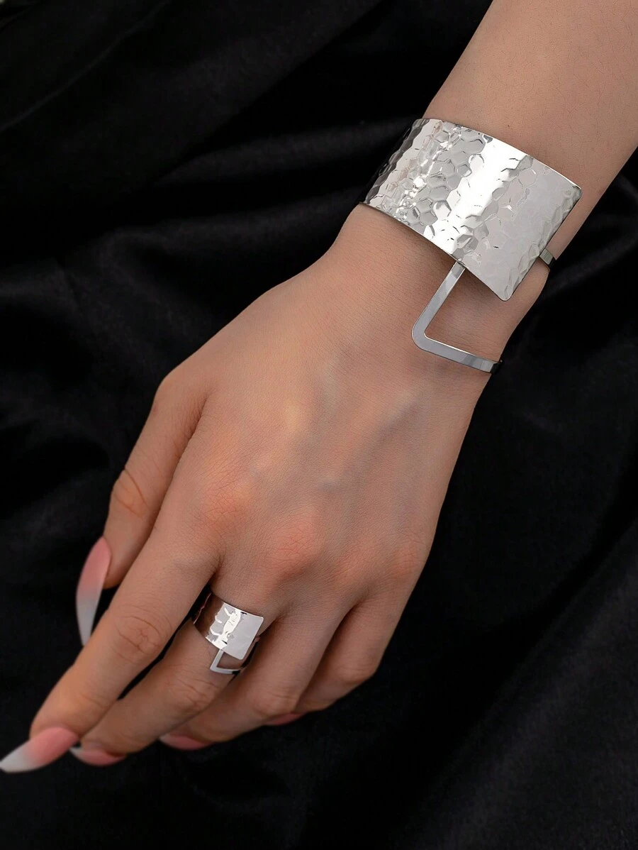 1 Pieza Pulsera Y Anillo Geométrico Con Y Estilo - Plateado - Ver 1
