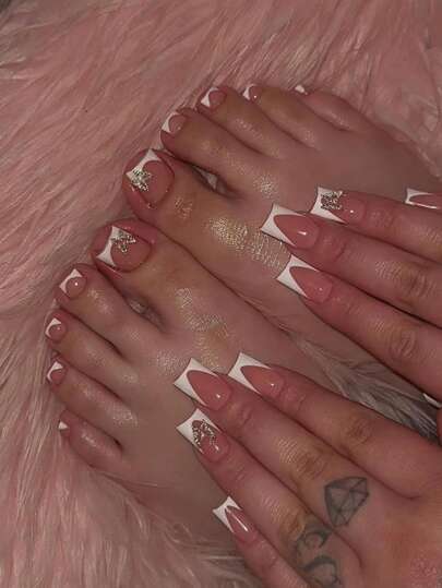 Conjunto de 48 piezas de uñas francesas en color rosa presionadas y para los dedos de los pies, puntas de uñas de gel falsas cuadradas en color nude para el verano con pegamento incluido. Suministros para uñas de mujer uñas falsas uña falsa uña acrílica