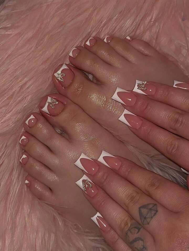 48pcs Pink French Tip Press On Nails & Toenails Set Short Fake 