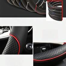 1pc Universal 38cm Round Car Steering Wheel Cover Made Of Leather With Flower Embossed Patchwork Design - Red - View 5