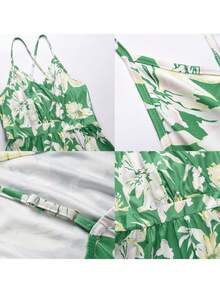 Vestidos largos de mujer elegantes de playa, con Tirantes ajustables y estampado floral y plantas tropical,vestidos frescos casuales Sexy  para dama fiesta, Faldas Mujer Largas Elegantes, vestidos de novia primavera y Verano - Verde - Ver 4
