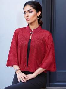 1 pieza Chal elegante de mujer con botón de perla falsa, patrón floral y calado, negro, perfecto para una cita o fiesta de noche y complementa con un vestido camiseta, Día de San Valentín