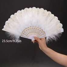 1pc Elegant Artificial Feather Fan Fluffy Folding Hand Fan For Women, Dance/Cosplay Performance Accessory - White - View 6