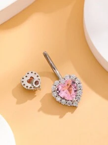 1入組粉色雙桃心形鋼鈦肚臍環,鑲嵌閃閃發光,時尚穿刺珠寶日常佩戴 - 心形 - 查看 6