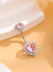 1入組粉色雙桃心形鋼鈦肚臍環,鑲嵌閃閃發光,時尚穿刺珠寶日常佩戴 - 心形 - 查看 5