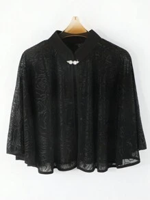 1 pieza Chal elegante de mujer con botón de perla falsa, patrón floral y calado, negro, perfecto para una cita o fiesta de noche y complementa con un vestido camiseta, Día de San Valentín