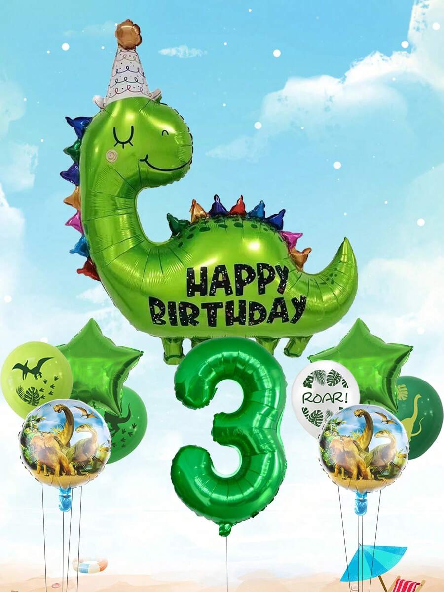 10pcs/Set Happy Birthday Dinosaur Number Star Foil Balloons, - Multicolor - View 1