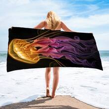 Toalla de playa grande con patrón de dibujos animados de medusas, ligera, a prueba de viento y de secado rápido (1 pieza) - Verde Oscuro - Ver 4