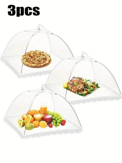 3pcs White Folding Mesh Food Cover, Multi-Function Kitchen Restaurant Mosquito-Resistant Food Cover, Pop-Up Home Dust-Resistant Food Cover, Ideal For Outdoor Parties, Picnics And Barbecues To Protect Food From Insects And Debris And Keep Flies And Mosquitoes Away From Your Food, For Kitchen Restaurant And Party Picnics
