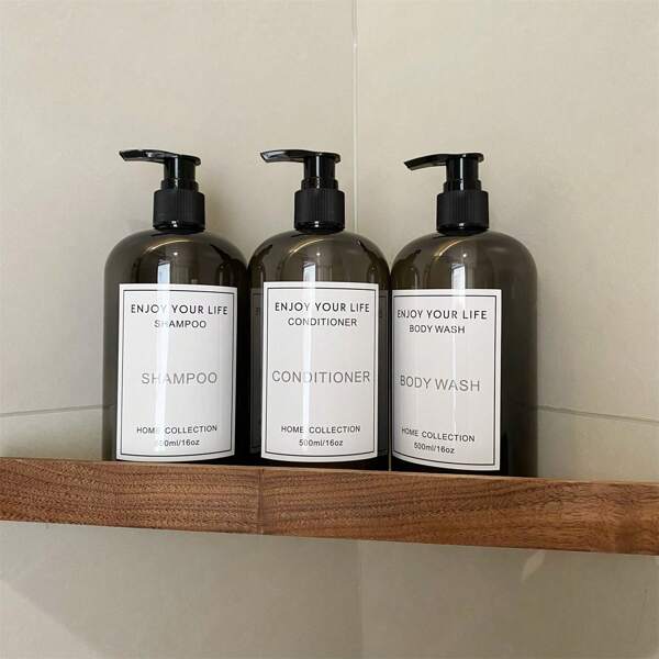 3 Packs 500ml/16oz Transparent Black Round Shoulder Boston Press-Type Hair Care Bottle, Refillable Shampoo, Body Wash And Conditioner Dispenser Bottle With Black Plastic Pump, For Body Lotion, Hand Soap, Laundry Detergent, Replacement Empty Bottle, Bathroom Supplies Home Bathroom Decor Fall Decor Back To School