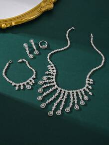 4pcs/Set Luxury Banquet Saudi Arabian Bride Wedding Necklace Bracelet Earrings Ring Copper Zirconia Stone Tassel Jewelry Set