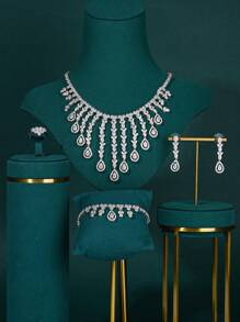 4pcs/Set Luxury Banquet Saudi Arabian Bride Wedding Necklace Bracelet Earrings Ring Copper Zirconia Stone Tassel Jewelry Set
