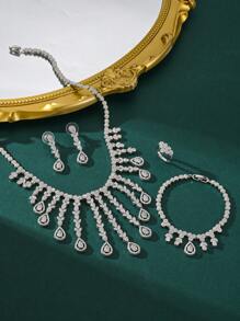 4pcs/Set Luxury Banquet Saudi Arabian Bride Wedding Necklace Bracelet Earrings Ring Copper Zirconia Stone Tassel Jewelry Set