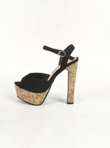 黑色絨面露趾粗跟防水厚底女款涼鞋 - 黑色 - 查看 7