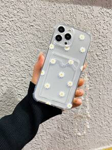 Funda de teléfono transparente con ranura para tarjeta con diseño de flor de margarita blanca delicada, compatible con Apple 14 Pro Max, 13, 12/12 Pro, 11, XR, con cordón con mariposa blanca con corazón de perla, de moda y diseño, adecuado para novias en primavera - Blanco - Ver 2