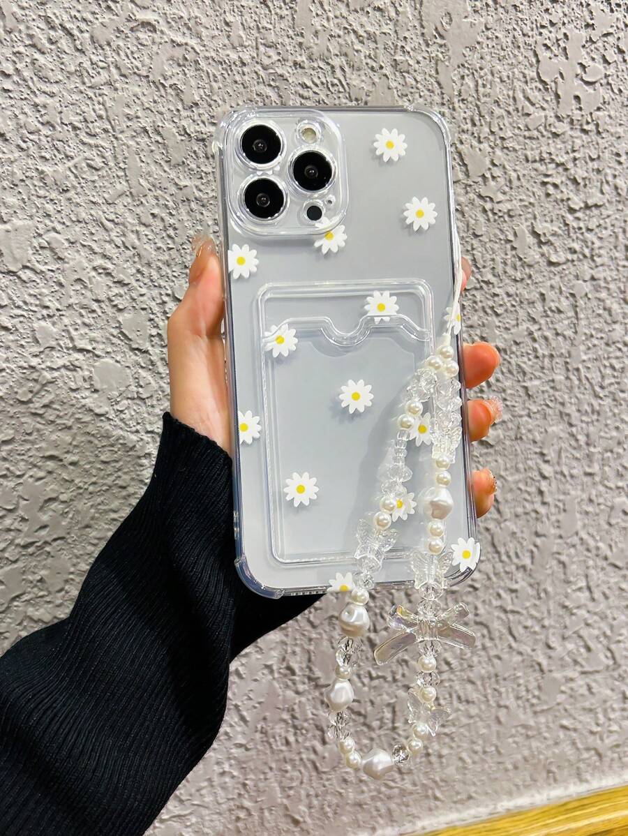 Funda de teléfono transparente con ranura para tarjeta con diseño de flor de margarita blanca delicada, compatible con Apple 14 Pro Max, 13, 12/12 Pro, 11, XR, con cordón con mariposa blanca con corazón de perla, de moda y diseño, adecuado para novias en primavera - Blanco - Ver 1