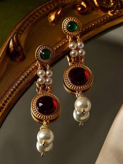 1 Pair Vintage Palace Style Pearl Earrings For Women