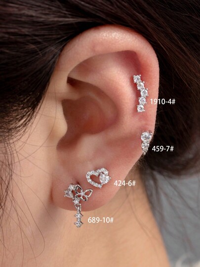 Toppiercing 1pc Simple And Fashionable Copper Inlaid Zirconia Hollow Out Heart & Butterfly Shaped Stainless Steel Cartilage Piercing Ear Bone Nail Valentines