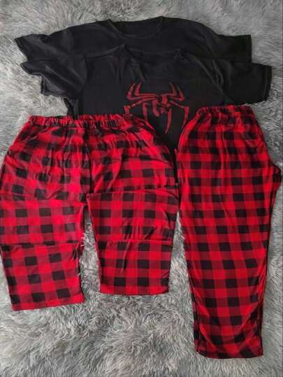 CONJUNTO DE PIJAMA PARA PAREJA 2 PANTALON Y 2 PLAYERA CON ARAÑA UNITALLA TELA BRUSH