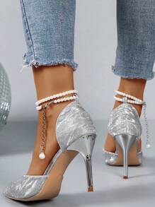 Zapatos de boda de tacón alto plateados, zapatos de novia de tacón fino, sandalias plateadas para mujeres, zapatos de tacón alto individuales - Plateado - Ver 3