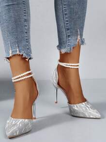 Zapatos de boda de tacón alto plateados, zapatos de novia de tacón fino, sandalias plateadas para mujeres, zapatos de tacón alto individuales - Plateado - Ver 5