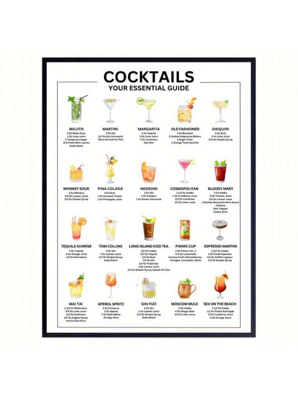 1 Cartel de mixología de recetas de cócteles - 20 cócteles clásicos - Arte de pared de cocina y bar sala de estar y dormitorio - Decoración de hogar sin marco