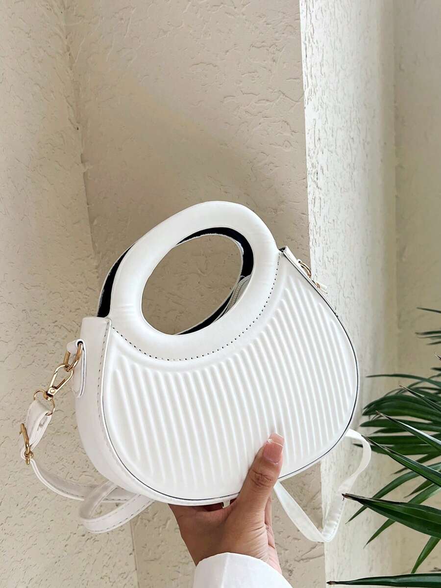 Thời trang Đen Niche Thiết kế French Gentle Lady New Commuter Ngày cầm tay đeo vai chéo thân Túi xách nữ Túi xách kẻ sọc nổi Túi đeo chéo tròn thời trang dành cho nữ Túi xách tay có quai đôi mới lạ - trắng - Xem 1