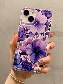 Flower 1pc Anti-Fall Transparent Phone Case With Deep Purple Floral Design, Compatible With Iphone 15 14 13 12 11promax - Black - View 1
