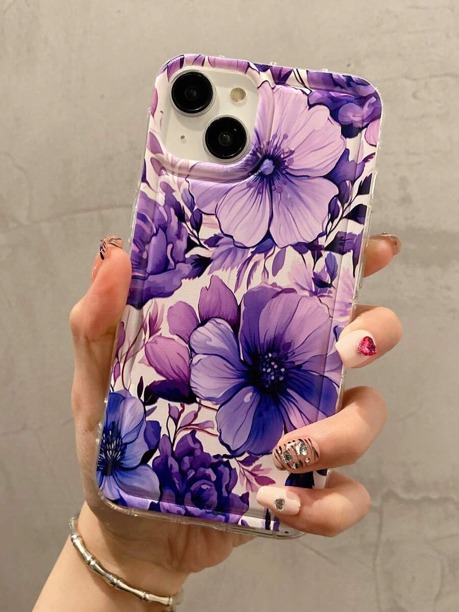Flower 1pc Anti-Fall Transparent Phone Case With Deep Purple Floral Design, Compatible With Iphone 15 14 13 12 11promax - Black - View 1