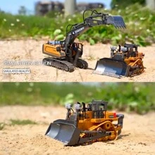 Excavatrice télécommandée 2,4 GHz 11 canaux - Bulldozer RC, camion à benne basculante en alliage avec lumière et son - Cadeaux d'anniversaire et de Noël (certaines pièces sont envoyées au hasard)
