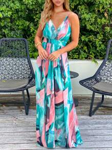 Vestidos largos de mujer elegantes de playa, con Tirantes ajustables y estampado floral y plantas tropical,vestidos frescos casuales Sexy  para dama fiesta, Faldas Mujer Largas Elegantes, vestidos de novia primavera y Verano - Celeste - Ver 1