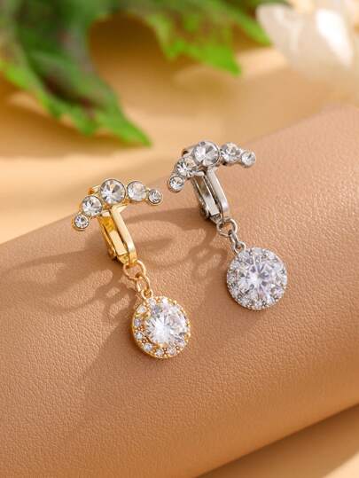 1pc Large Round Cubic Zirconia Clip-On Fake Belly Button Ring With Half Moon Design & 5 Rhinestones, Cute Non-Piercing Navel Ring For Daily Wear, Women