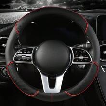 1pc Universal 38cm Round Car Steering Wheel Cover Made Of Leather With Flower Embossed Patchwork Design - Red - View 3