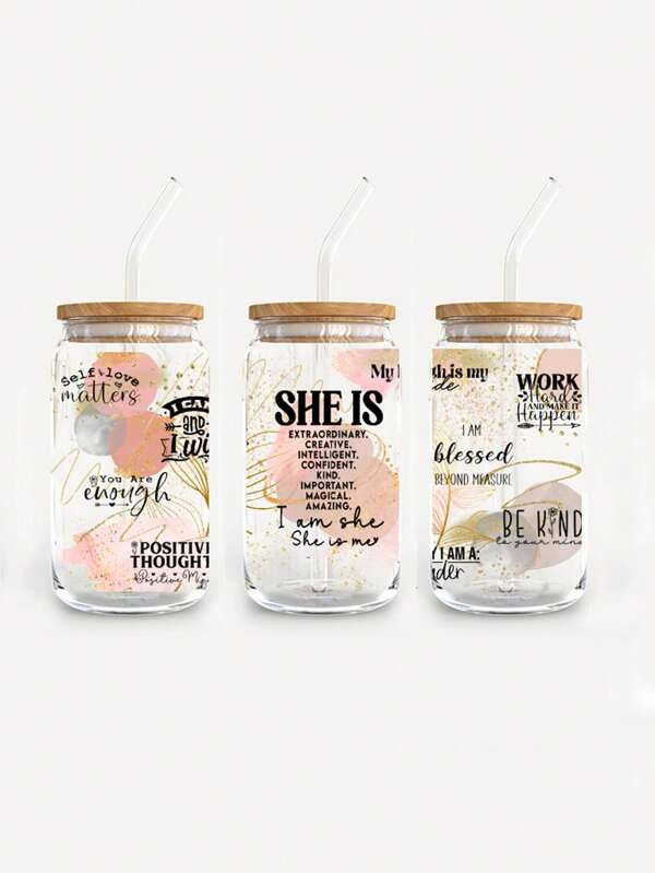 1pc Daily She Is Affirmation 16 Oz Libbey Glass Can UV DTF Transfer Sticker Waterproof Transfers Decals For 16oz Glass Cup Wrap Stickers