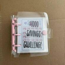 1pc PVC 3-Ring Mini Savings Challenge Binder With Envelope, Saving $1000 - Pink - View 2