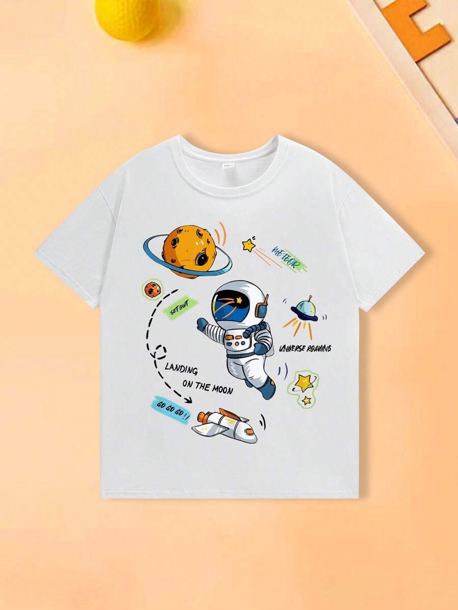 年輕男孩街頭時尚卡通宇航員印花圓領t恤,適用於春夏季節 - 白色 - 查看 1