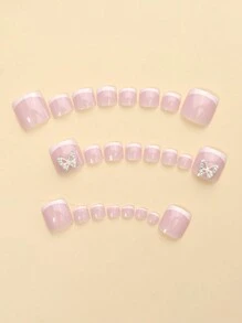24pcs Press-On Toe Nail Tips White French Design 3d Butterfly Detail Simple Yet Elegant To Enhance Your Elegant, Comes With 1 Nail File And 1 Jelly Glue Press On Nails Nail Supplies - Pink - View 2