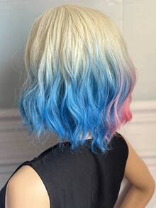 Natural Matte Dyed Clown Synthetic Wig Female Beige Gradient Blue Pink Left And Right Combination Water Wavy Short Hair Medium Length Side Part No Fringe Suitable For Everyday Wear Party Wig Cosplay Short Bob Wig - Two-Tone - View 5