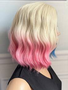 Natural Matte Dyed Clown Synthetic Wig Female Beige Gradient Blue Pink Left And Right Combination Water Wavy Short Hair Medium Length Side Part No Fringe Suitable For Everyday Wear Party Wig Cosplay Short Bob Wig - Two-Tone - View 6