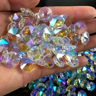 100pcs 14mm Double Hole Octagonal Colorful Glass Crystal Prism Beads, Light Capturing Beads For Jewelry Making, DIY & Decoration