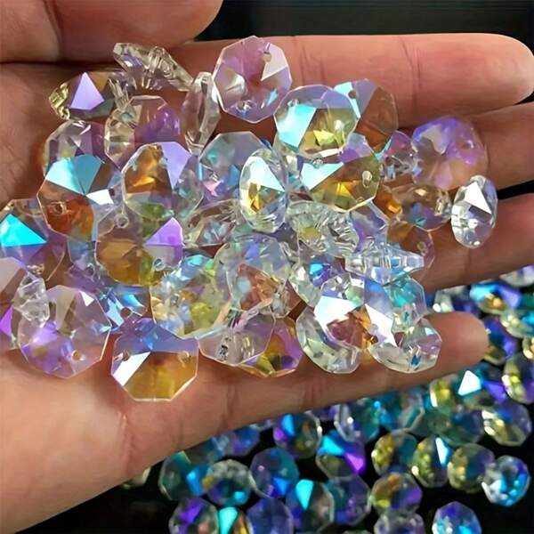 100pcs 14mm Double Hole Octagonal Colorful Glass Crystal Prism Beads, Light Capturing Beads For Jewelry Making, DIY & Decoration