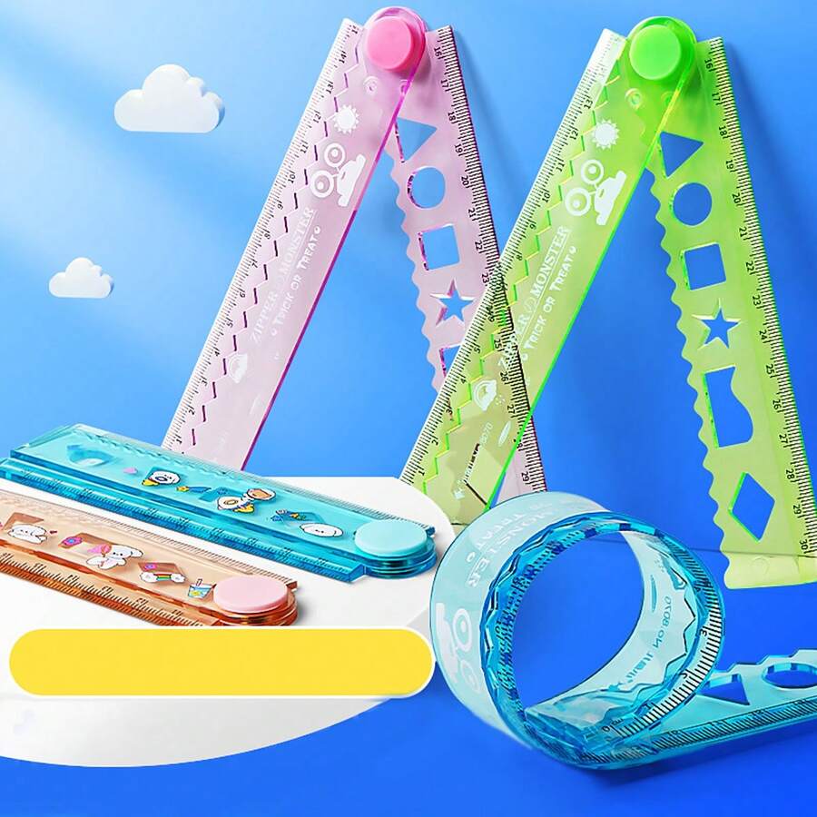 Student Folding Soft Ruler, Drawing Tool For Students, 30cm Measuring Scale, Line Drawing Ruler With Cartoon Design, Plastic Material, Stationery For Learning And Drawing,Rulers - Long Blue - View 1
