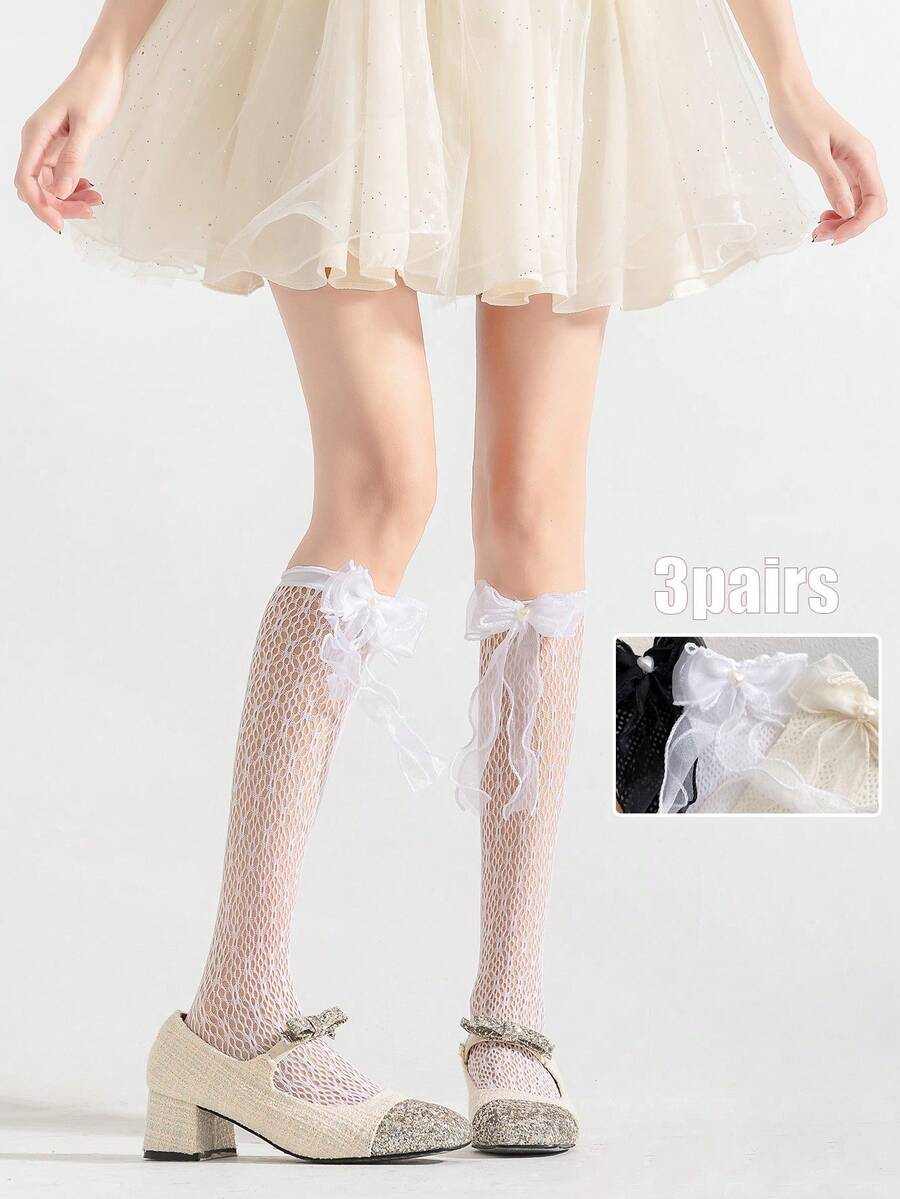 3對/套 剪裁純色可愛風格女襪，大蝴蝶結設計，適用於蘿莉塔角色扮演，夏季穿著 - 彩色 - 查看 1