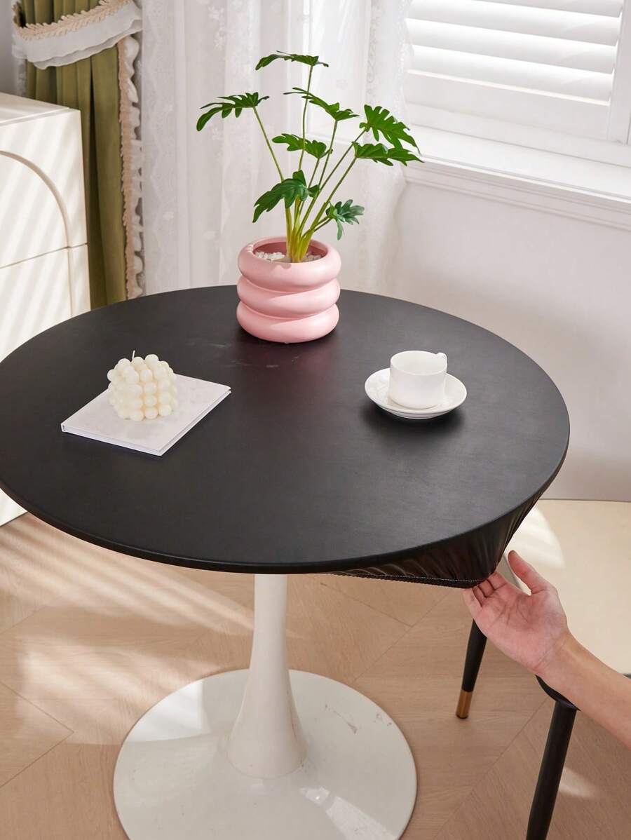 1pc Waterproof Tablecloth, Solid Color, Oil-Proof, Luxury, For Dining Table, Coffee Table, Desk, Washable, Round, Dust-Proof, Home Use - Black - View 1