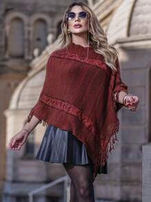 Poncho Xale Feminino Tricot Gola Alta Lã Tricô Crochê Elegante Quentinho Moda Inverno - Marsala - Visão 3