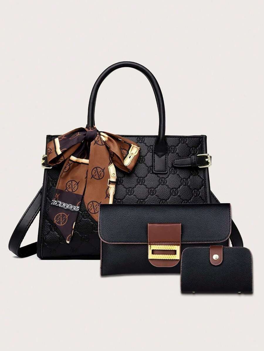 Fashionable 3pcs/Set Handbag Tote Shoulder Bag Pouch Clutch Wallet Set - Black - View 1