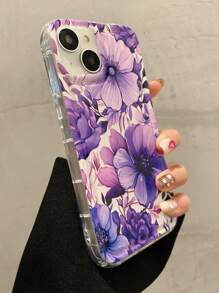 Flower 1pc Anti-Fall Transparent Phone Case With Deep Purple Floral Design, Compatible With Iphone 15 14 13 12 11promax - Black - View 2