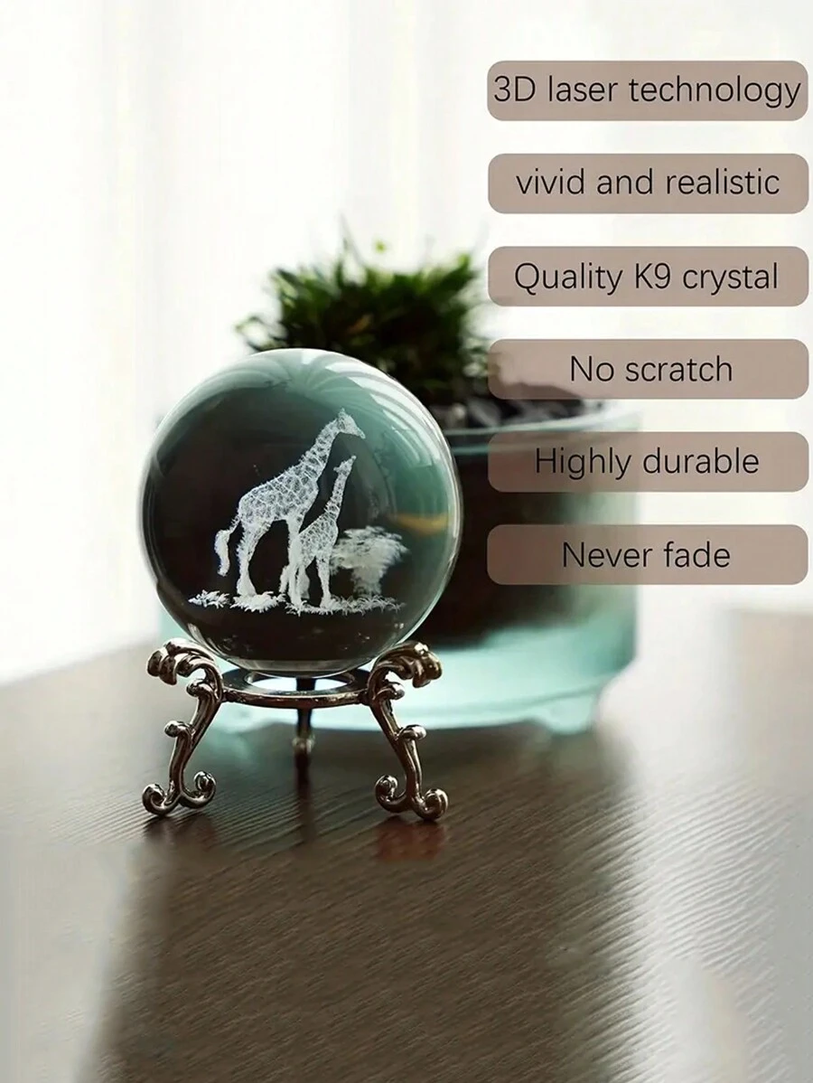 1 个长颈鹿形水晶球（带支架）装饰，3D 雕刻水晶球创意桌面装饰婚礼装饰送给朋友和学生的礼物 - 彩色 - 查看 1