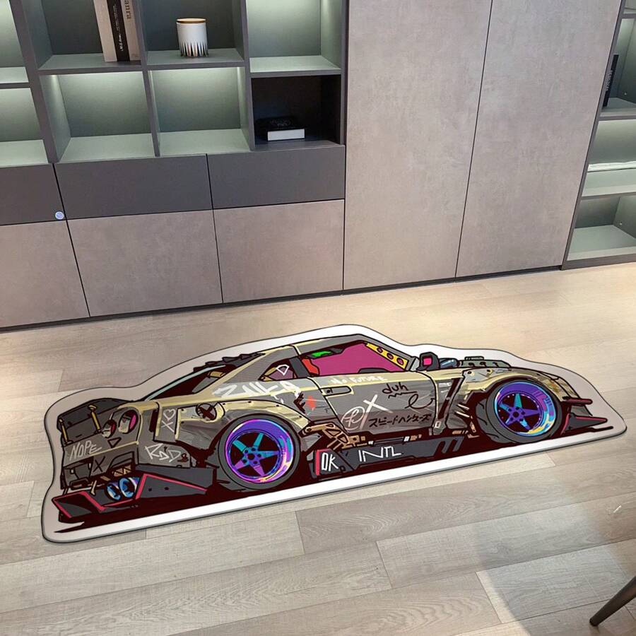 1pc Graffiti Car Pattern Carpet, Stylish Thick Crystal Velvet Printing Irregularly Shaped Rug, Soft & Durable For Living Room, Bedroom, Kitchen, Bathroom, Laundry Room, Hallway, Entryway, Game Room, Boy's Room Decoration