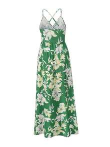 Vestidos largos de mujer elegantes de playa, con Tirantes ajustables y estampado floral y plantas tropical,vestidos frescos casuales Sexy  para dama fiesta, Faldas Mujer Largas Elegantes, vestidos de novia primavera y Verano - Verde - Ver 7